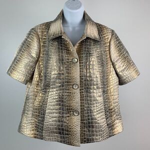 Chico's 2 (12) Jacket Snake Skin Print Gold Shimmer Short Sleeves Button Front